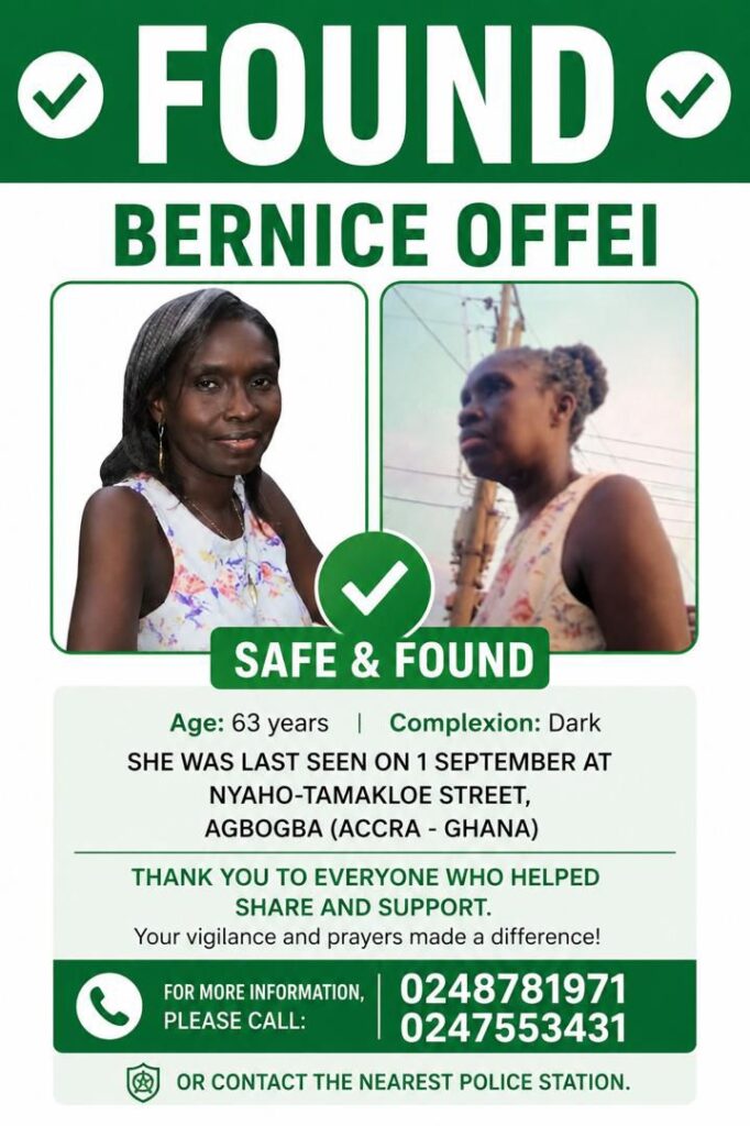 Missing gospel musician Bernice Offei found safe, reunited with family